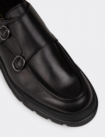 Men's Black Leather Double Monk Strap Shoes