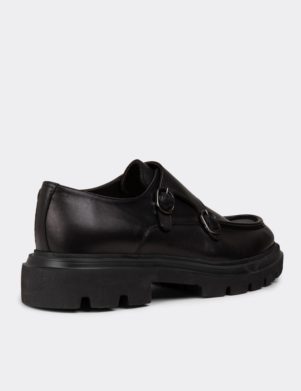 Men's Black Leather Double Monk Strap Shoes - 02008MSYHE01