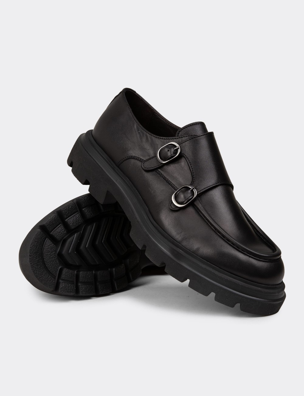 Men's Black Leather Double Monk Strap Shoes - 02008MSYHE01