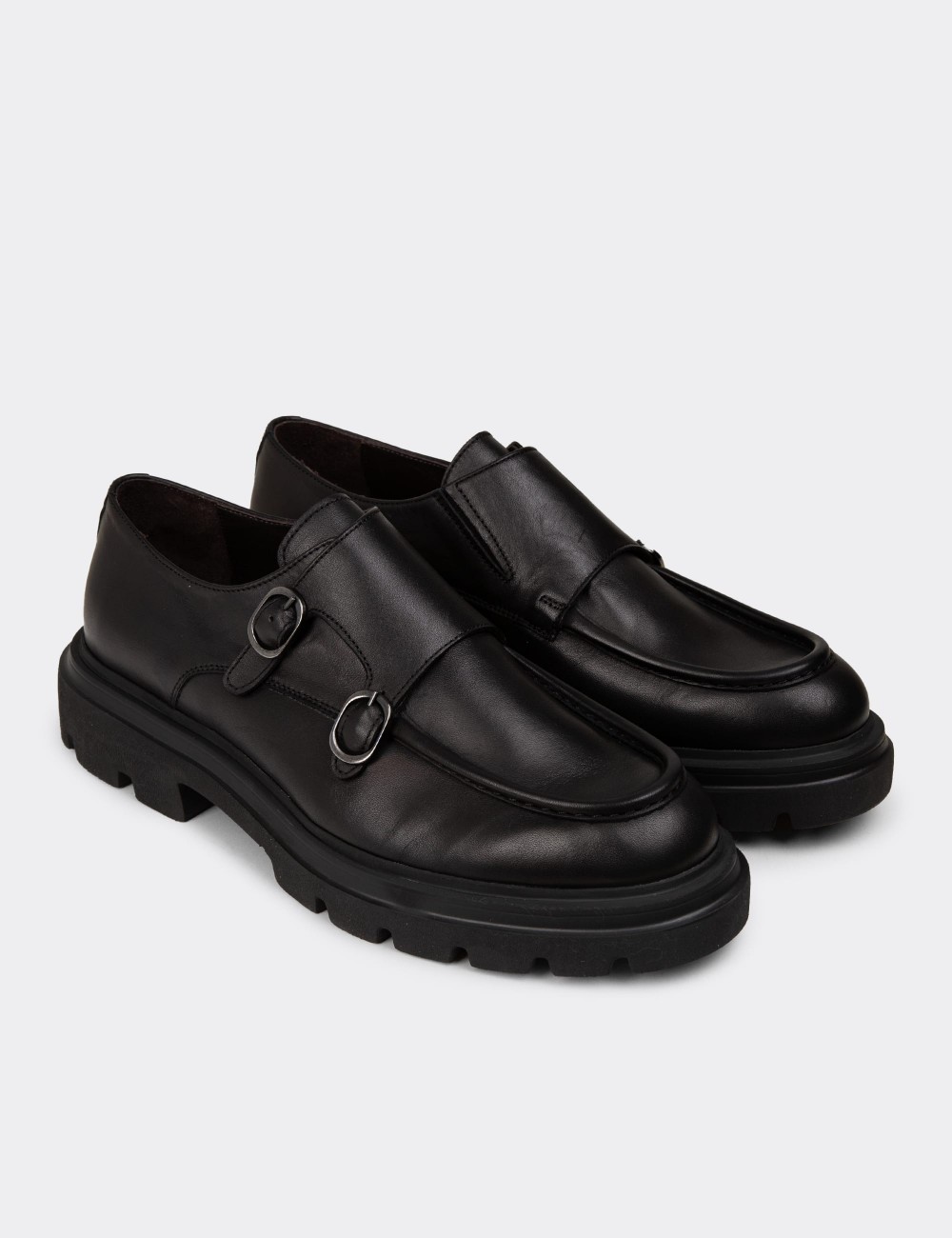 Men's Black Leather Double Monk Strap Shoes - 02008MSYHE01