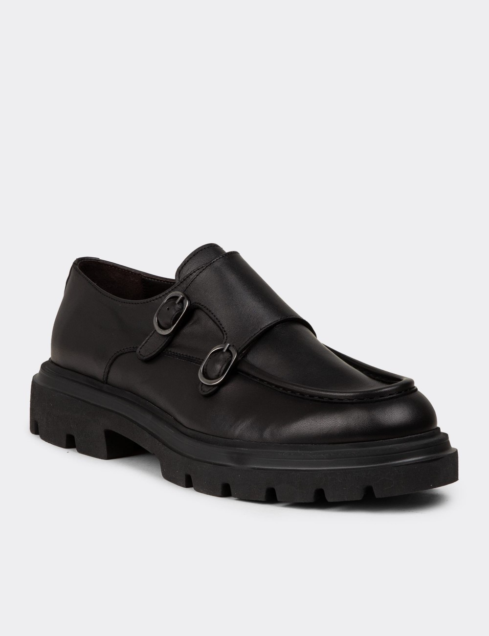 Men's Black Leather Double Monk Strap Shoes - 02008MSYHE01