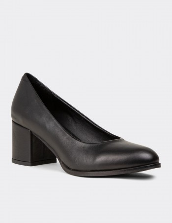Women's Black Leather Heeled Shoes