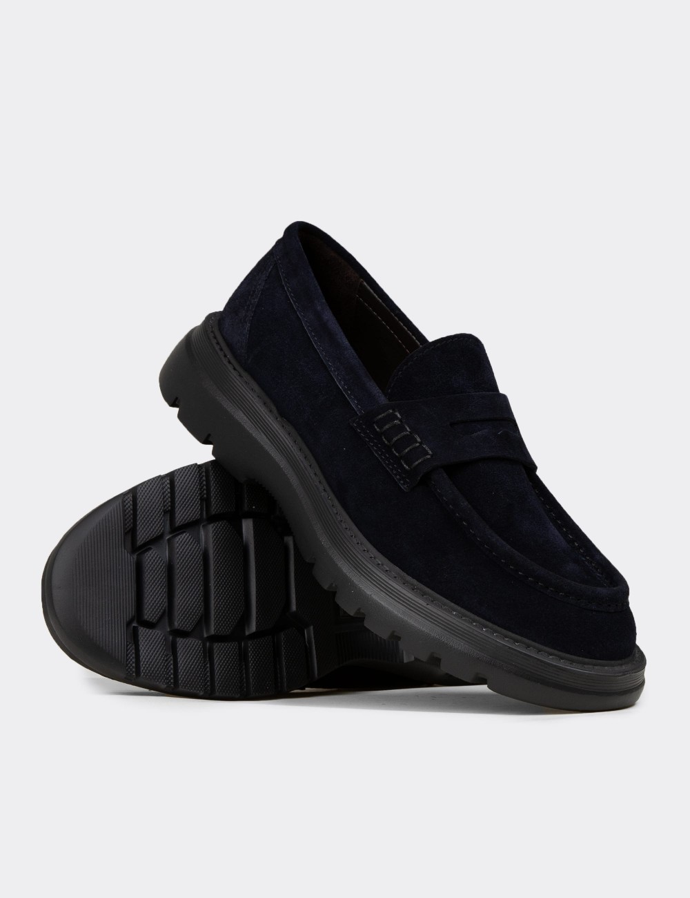Men's Navy Suede Leather Loafers - 02006MLCVE01