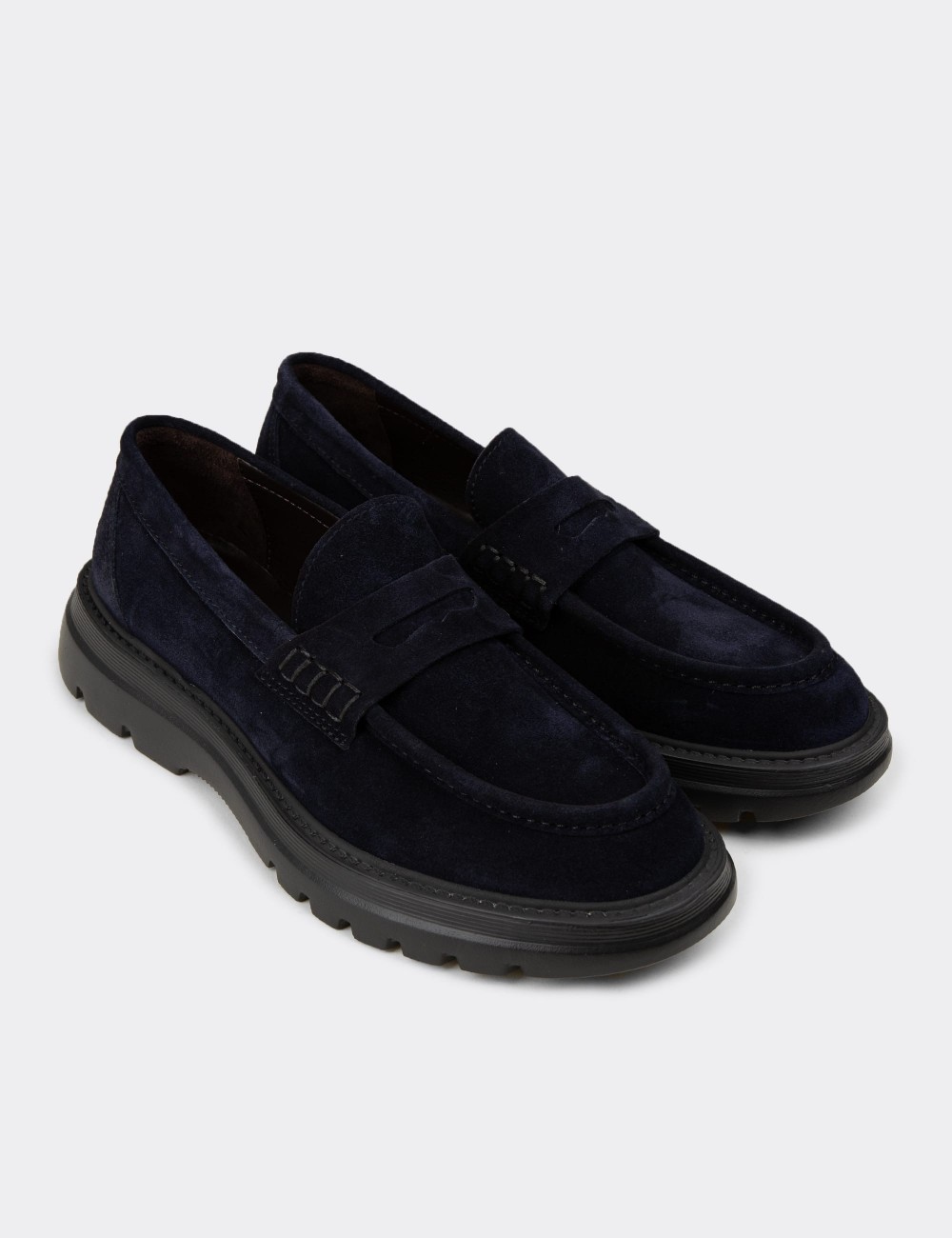 Men's Navy Suede Leather Loafers - 02006MLCVE01