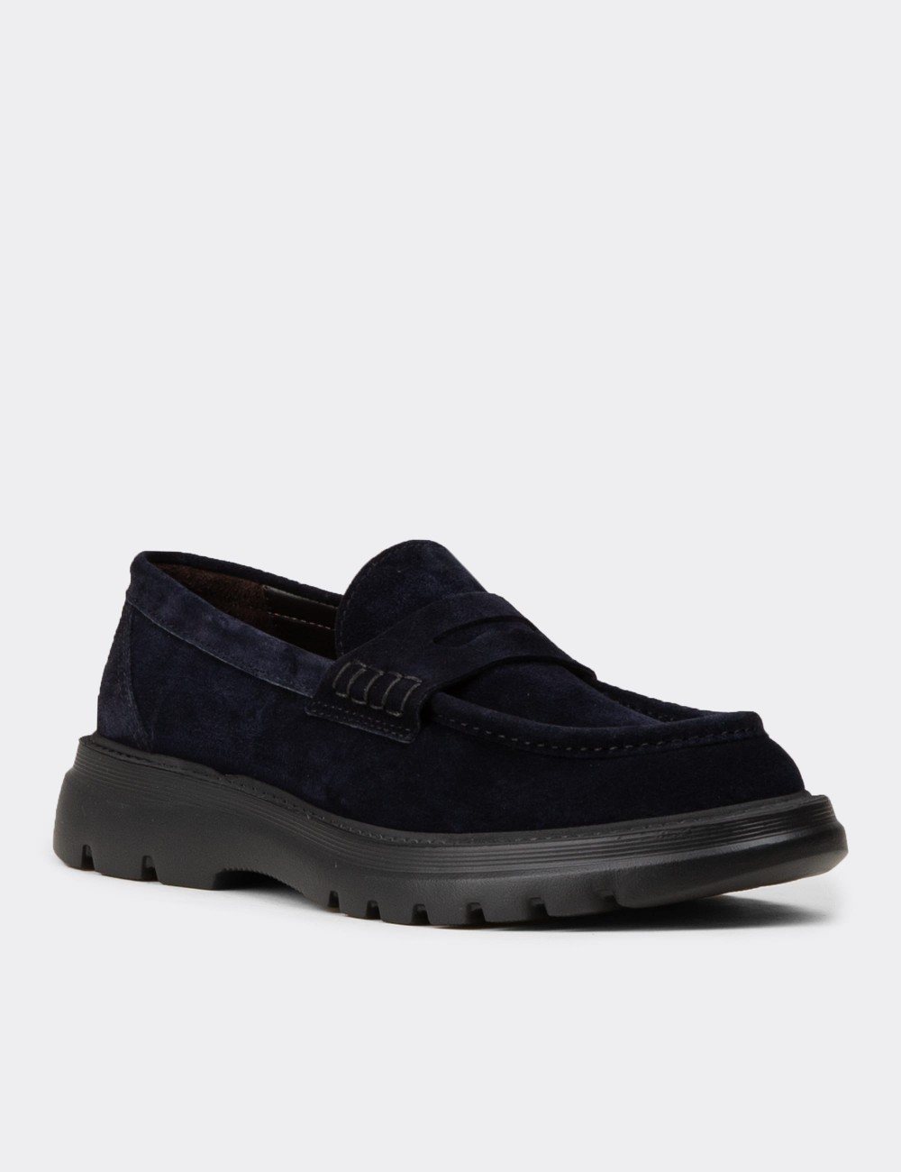 Men's Navy Suede Leather Loafers - 02006MLCVE01