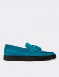 Men's Turquoise Suede Leather Loafers with Tassels
