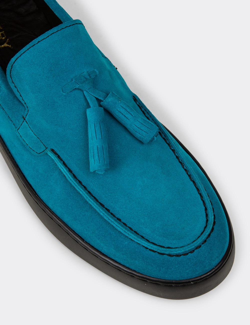 Men's Turquoise Suede Leather Loafers with Tassels - 01994MTRKC01