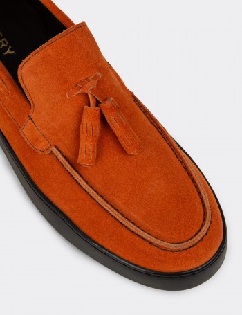 Men's Orange Suede Leather Loafers with Tassels