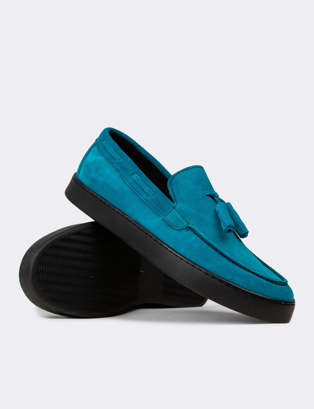 Men's Turquoise Suede Leather Loafers with Tassels - 01994MTRKC01