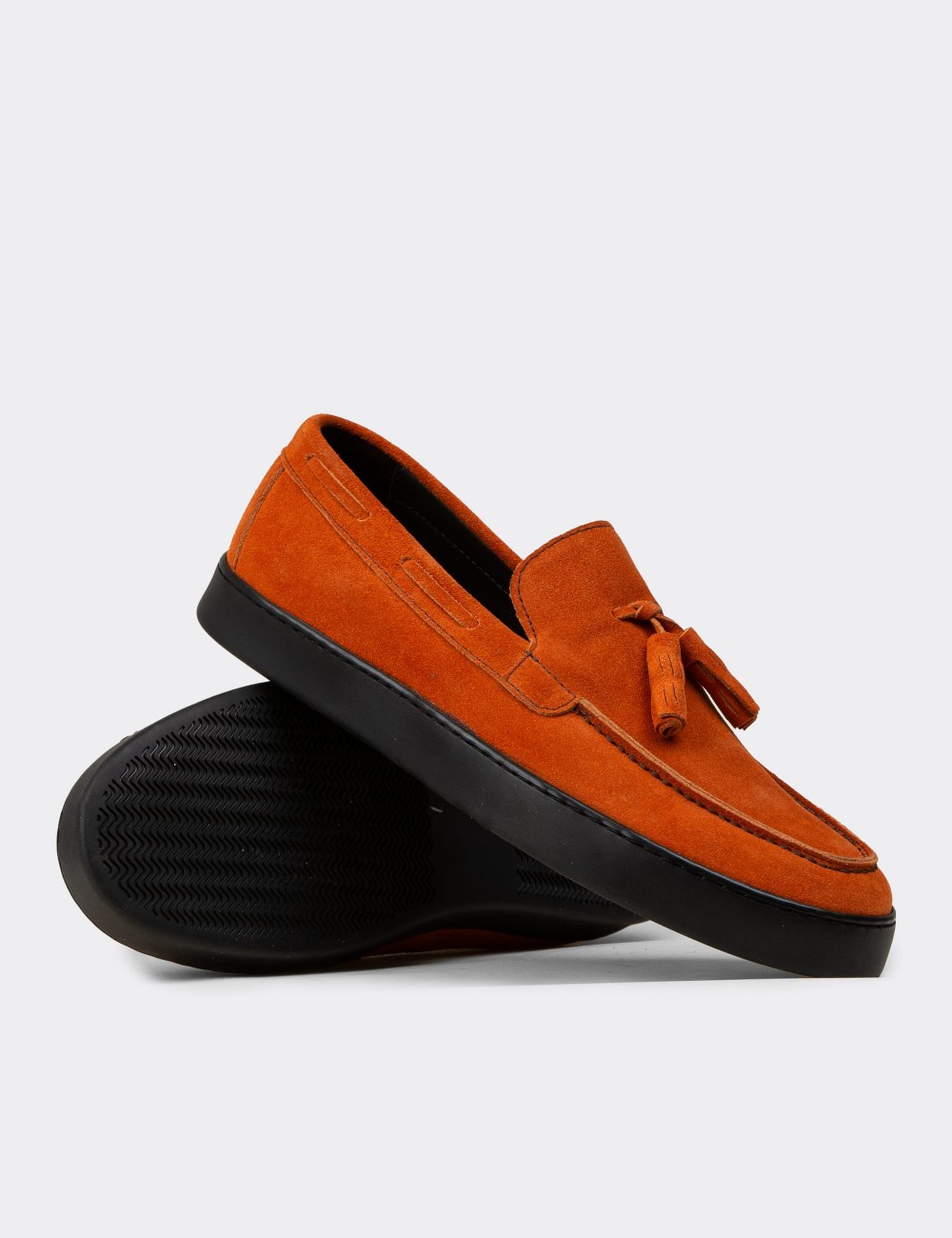 Men's Orange Suede Leather Loafers with Tassels - 01994MTRCC01