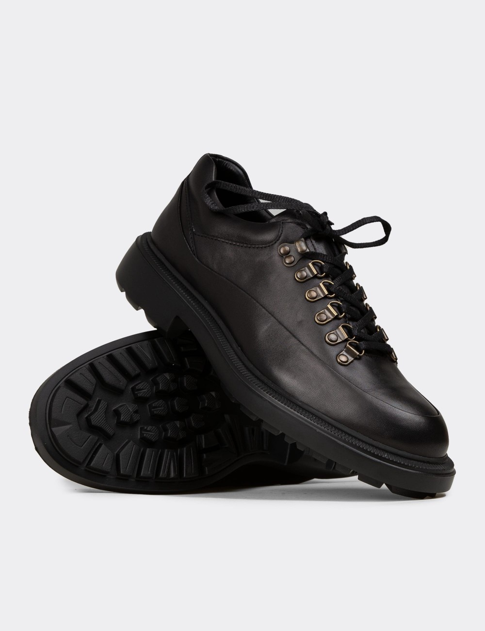 Men's Black Leather Lace-up Shoes - 02009MSYHE01