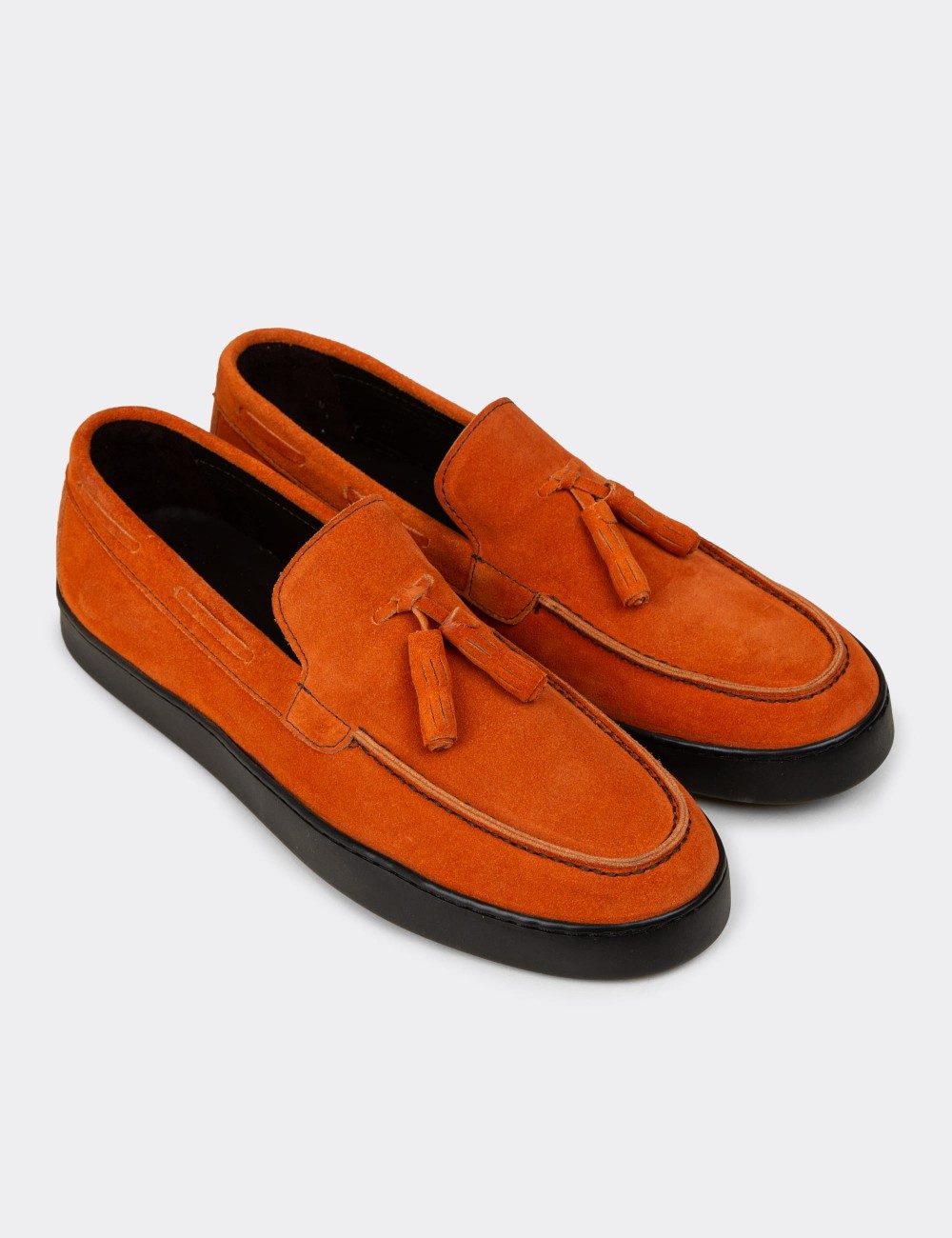Men's Orange Suede Leather Loafers with Tassels - 01994MTRCC01