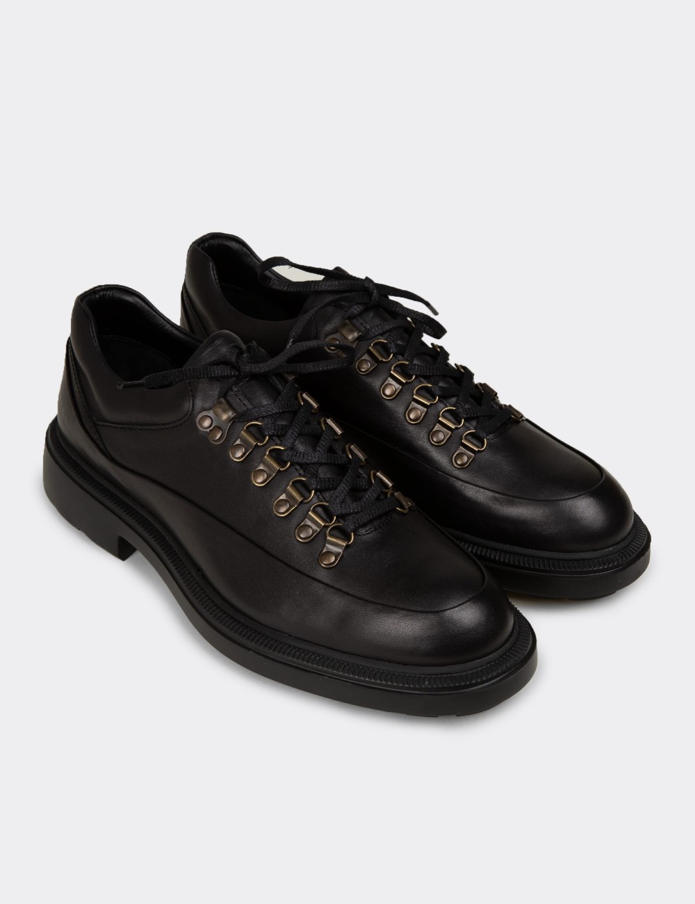 Men's Black Leather Lace-up Shoes - 02009MSYHE01
