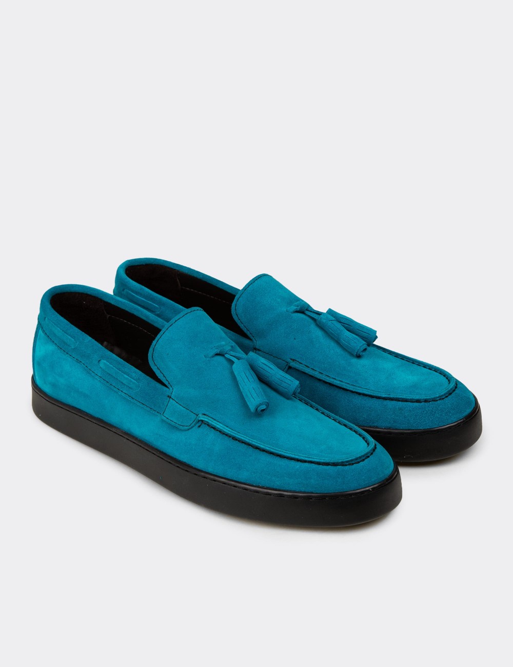 Men's Turquoise Suede Leather Loafers with Tassels - 01994MTRKC01