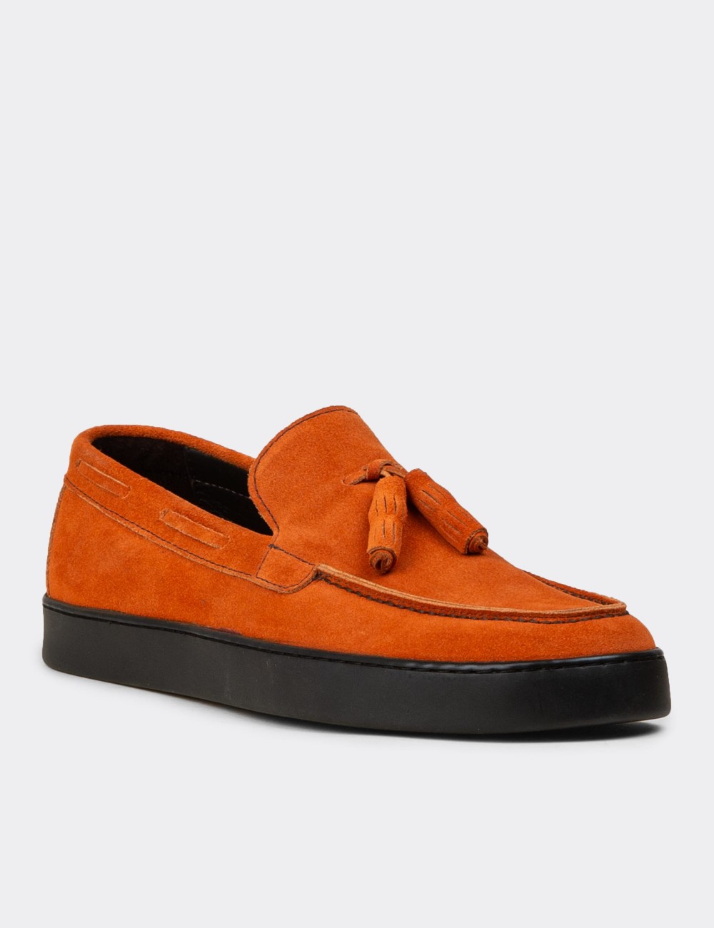 Men's Orange Suede Leather Loafers with Tassels - 01994MTRCC01