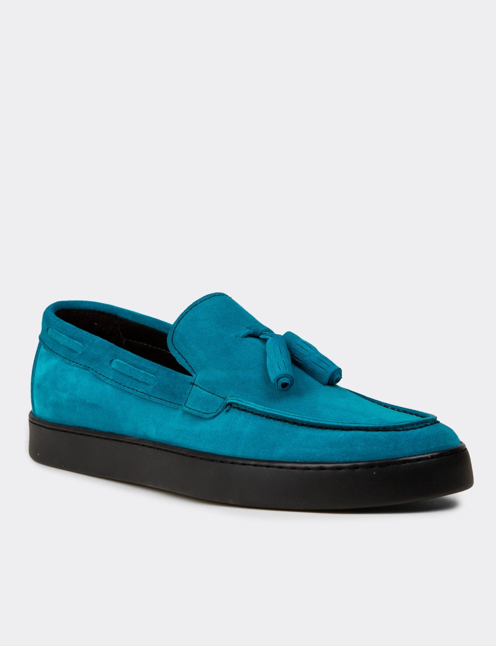 Men's Turquoise Suede Leather Loafers with Tassels - 01994MTRKC01