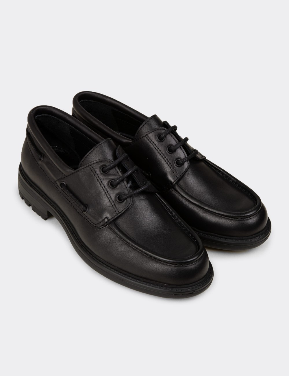 Men's Black Leather Deck Shoes - 02016MSYHC01
