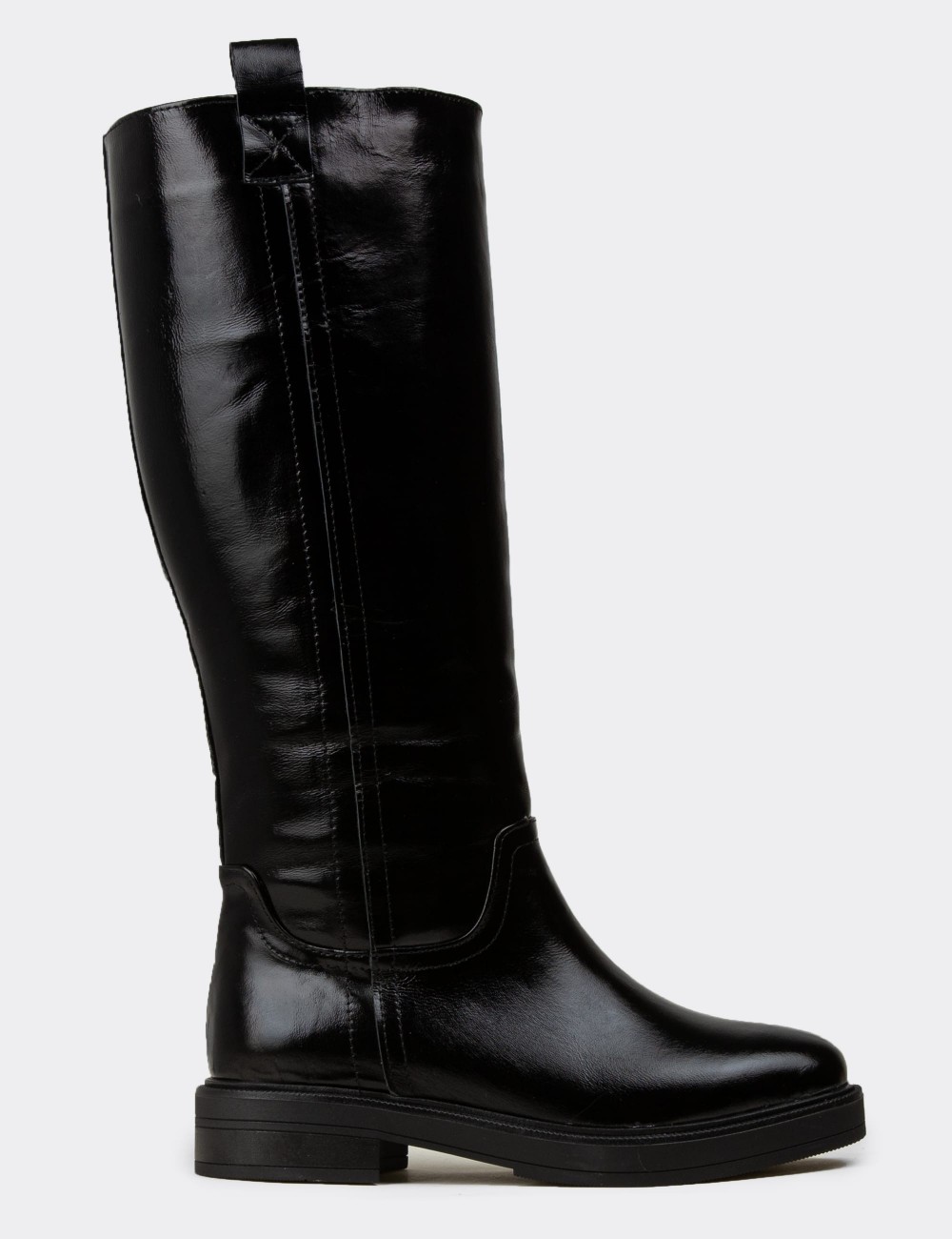 Women's Black Glossy Leather Knee High Boots - M2135ZSYHC01