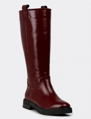 Women's Burgundy Patent Leather Knee-High Boots