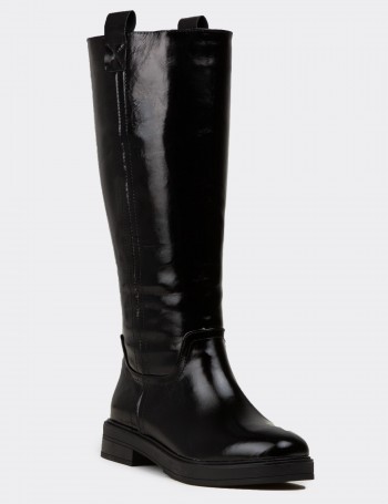Women's Black Glossy Leather Knee High Boots