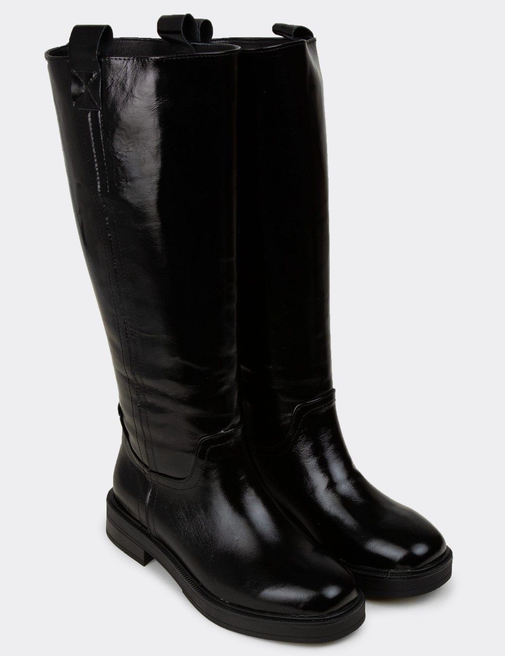 Women's Black Glossy Leather Knee High Boots - M2135ZSYHC01