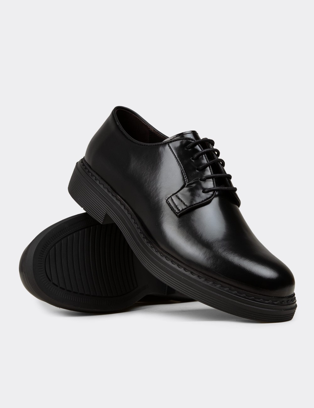 Men's Black Leather Lace-up Shoes - 02011MSYHC01