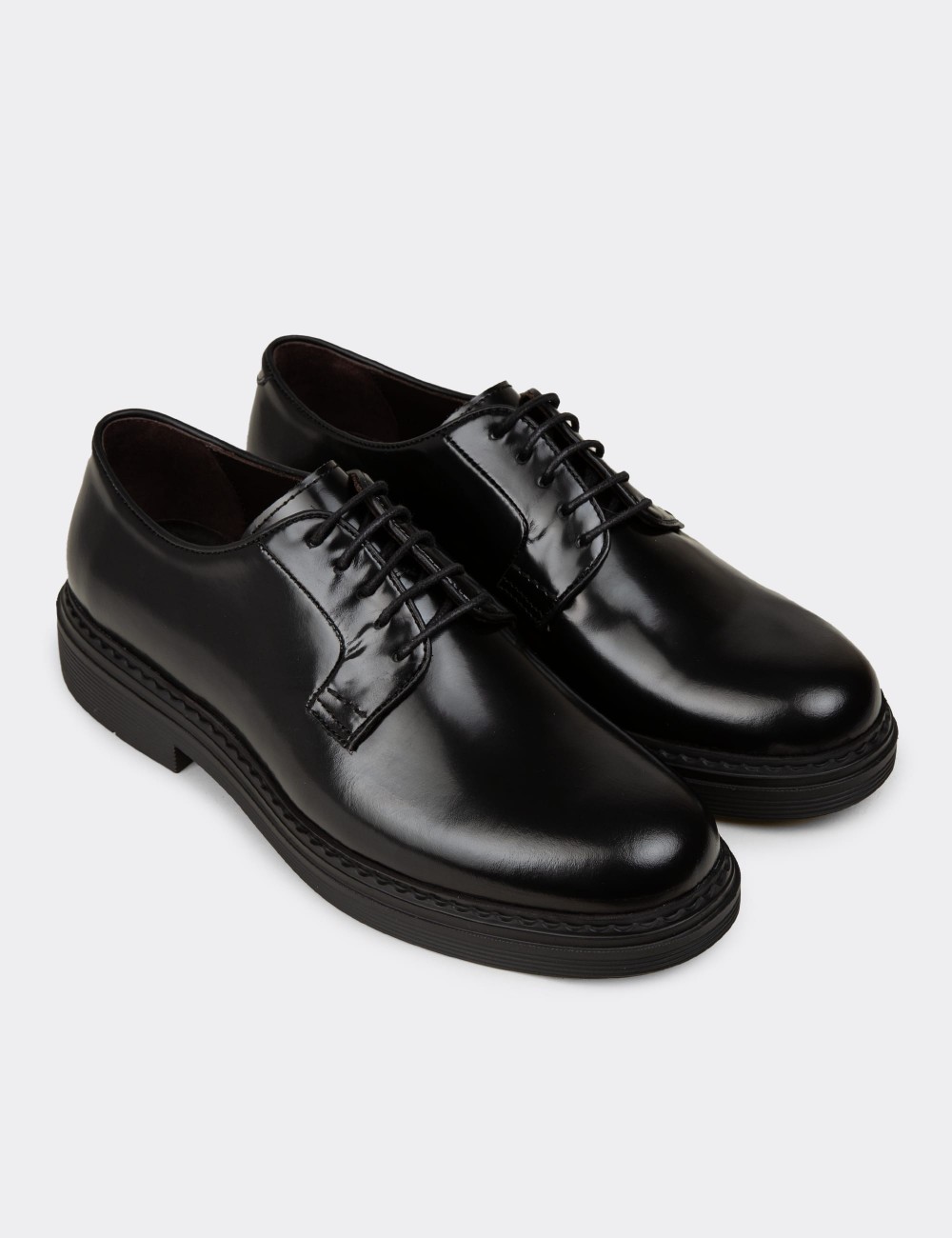 Men's Black Leather Lace-up Shoes - 02011MSYHC01