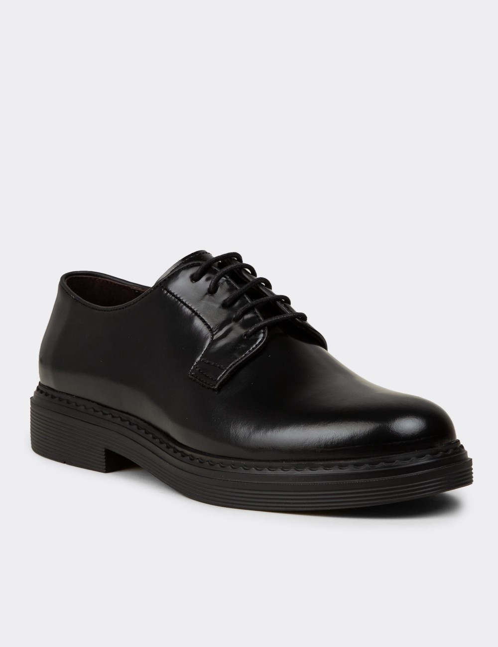 Men's Black Leather Lace-up Shoes - 02011MSYHC01