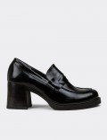 Women's Black Patent Leather Heeled Moccasins