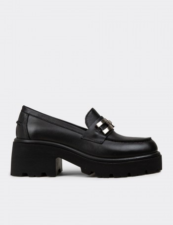 Women's Black Leather Heeled Loafers