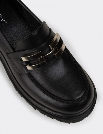 Women's Black Leather Heeled Loafers