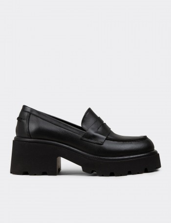 Women's Black Leather Platform Loafers