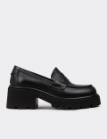 Women's Black Leather Platform Loafers