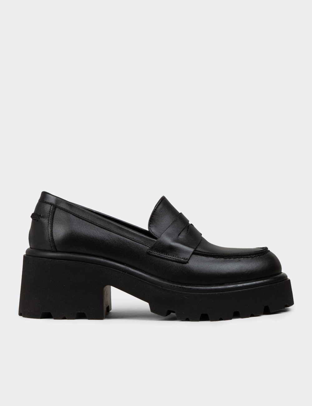 Women's Black Leather Platform Loafers - 82413ZSYHC01