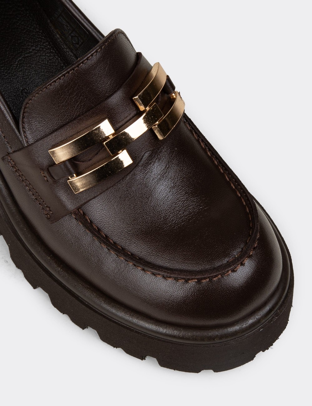 Women's Brown Leather Heeled Loafers - 82412ZKHVC01