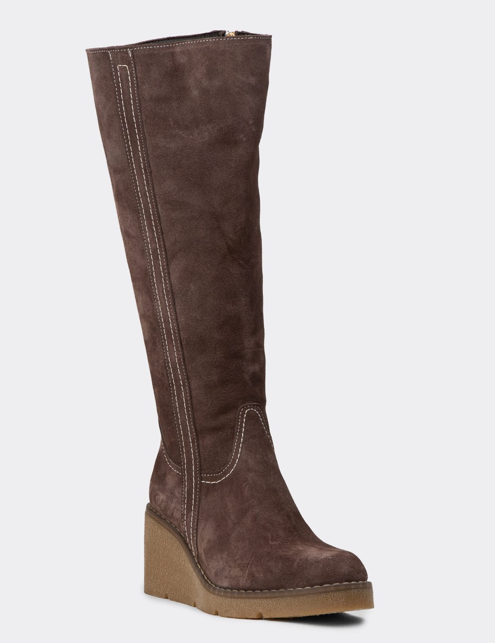 Women's Knee-High Brown Suede Leather Boots - 61206ZKHVC01