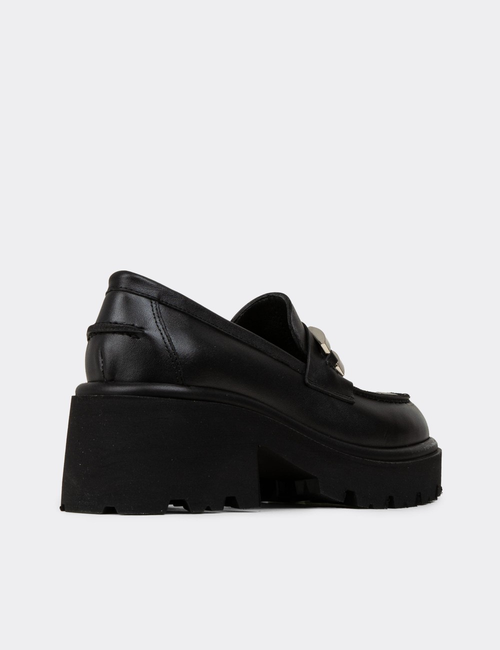 Women's Black Leather Heeled Loafers - 82412ZSYHC01