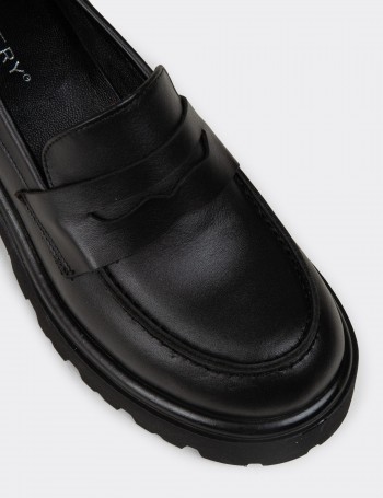 Women's Black Leather Platform Loafers