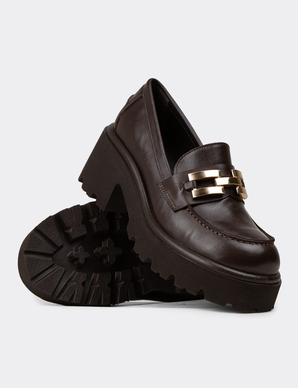 Women's Brown Leather Heeled Loafers - 82412ZKHVC01