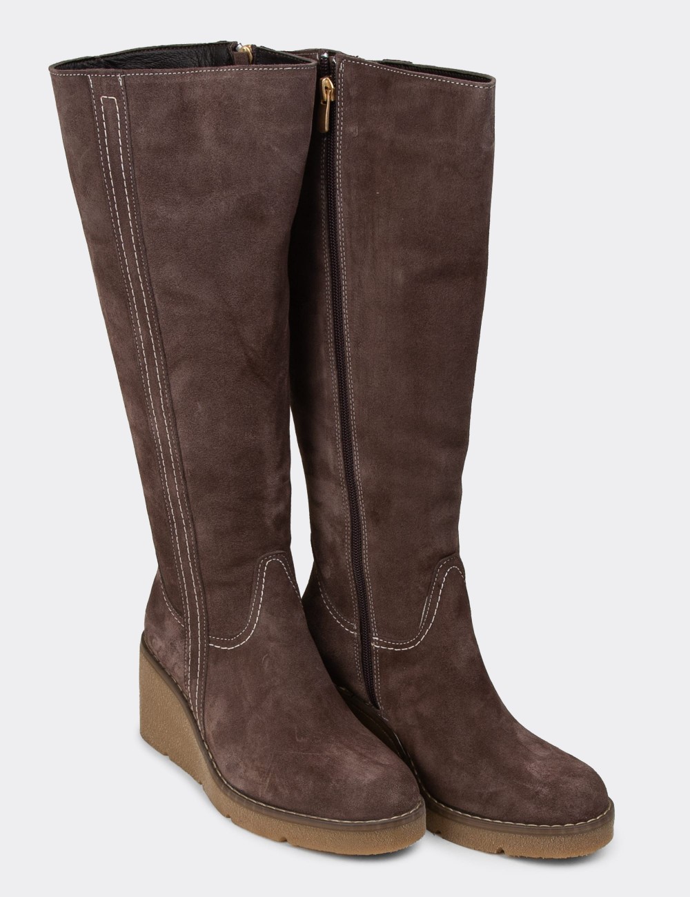 Women's Knee-High Brown Suede Leather Boots - 61206ZKHVC01