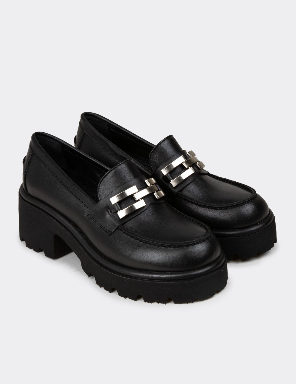 Women's Black Leather Heeled Loafers - 82412ZSYHC01