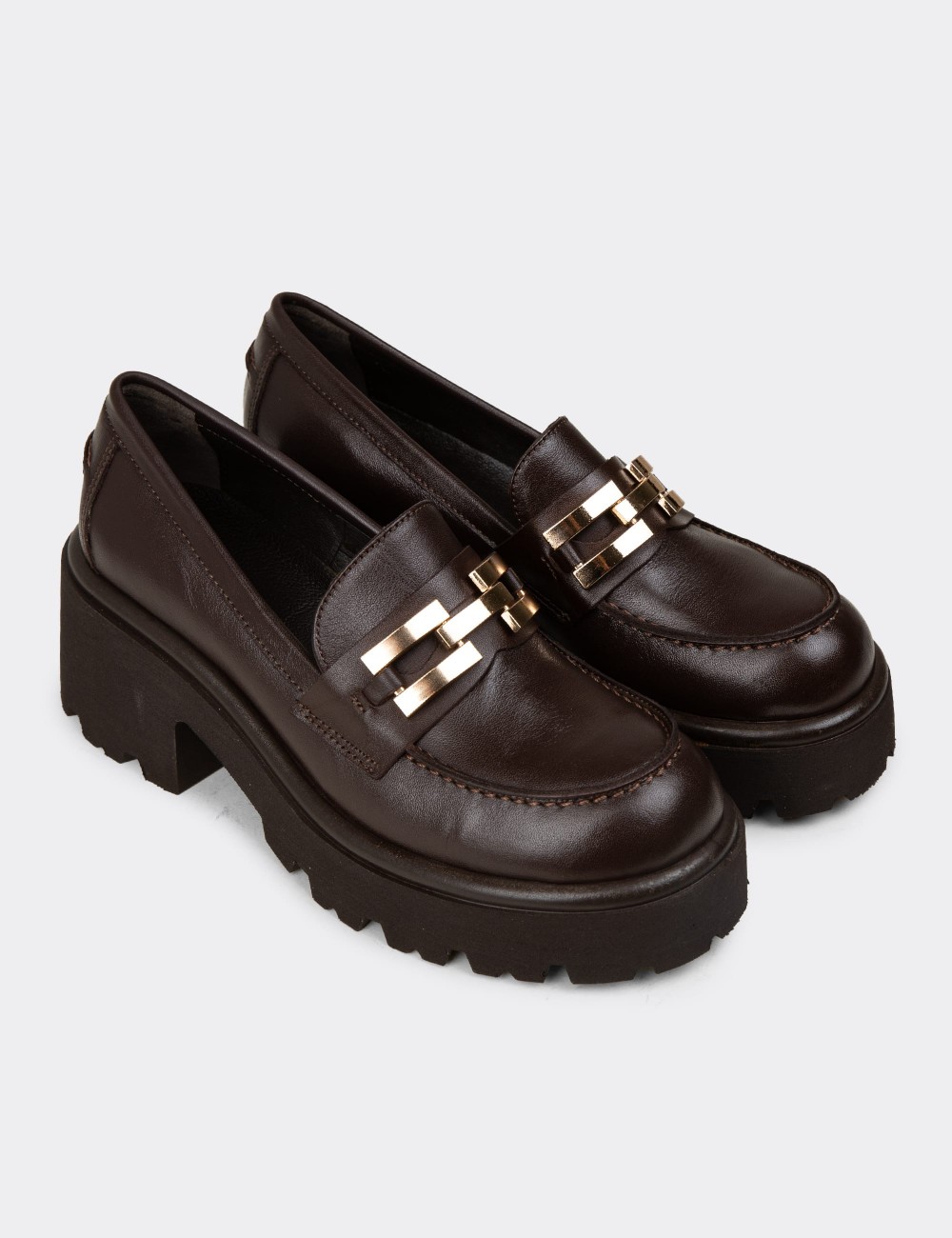 Women's Brown Leather Heeled Loafers - 82412ZKHVC01