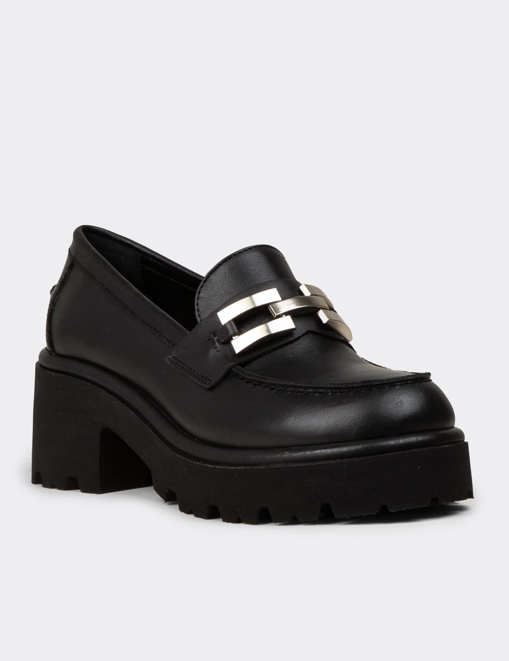 Women's Black Leather Heeled Loafers - 82412ZSYHC01