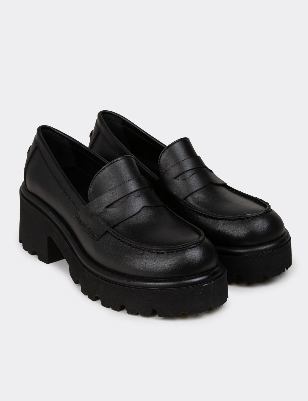 Women's Black Leather Platform Loafers - 82413ZSYHC01