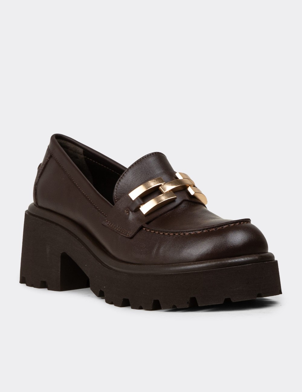 Women's Brown Leather Heeled Loafers - 82412ZKHVC01