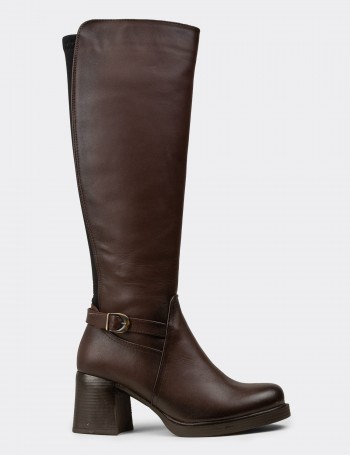 Women's Brown Leather Knee-High Boots - M3102ZKHVC01