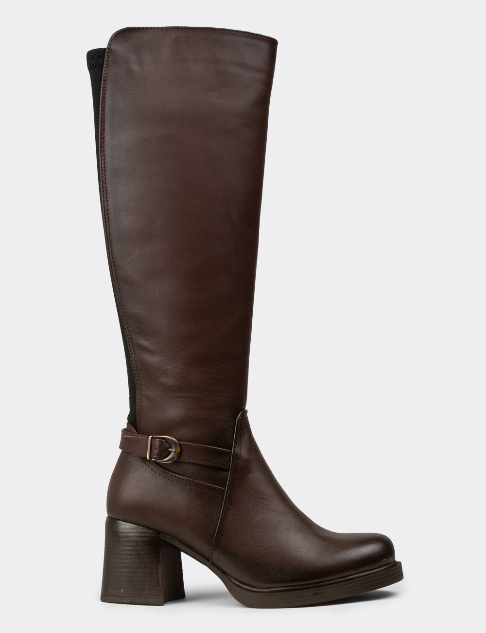 Women's Brown Leather Knee-High Boots - M3102ZKHVC01
