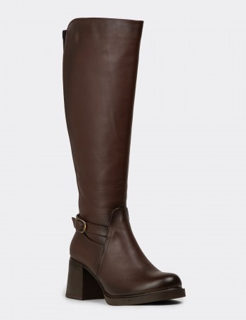 Women's Brown Leather Knee-High Boots - M3102ZKHVC01
