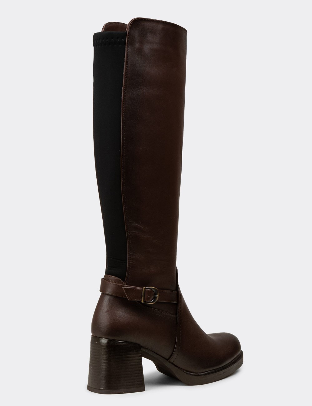 Women's Brown Leather Knee-High Boots - M3102ZKHVC01