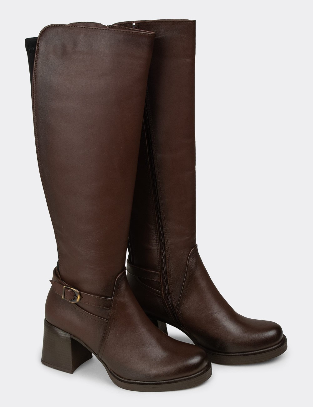 Women's Brown Leather Knee-High Boots - M3102ZKHVC01
